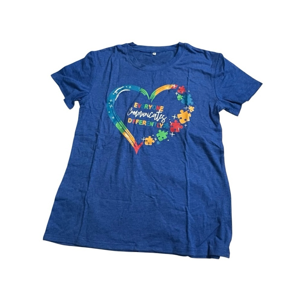 Heart Design T-shirt. “Everyone Communicates Differently”. Size M. Blue.